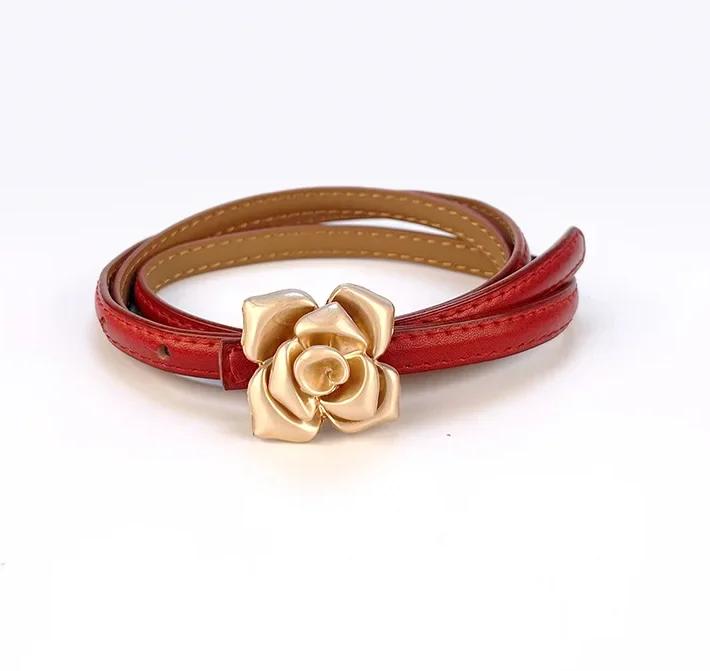 1.0cm New Unique Rose Genuine Leather Gold Belt Women Fashion Cowskin Flower Thin Belts Female Jeans Dress Waistband