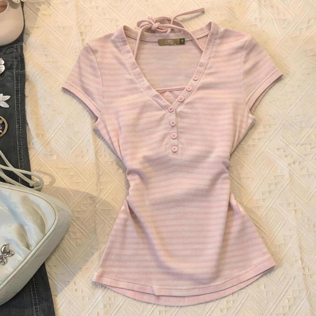 Retro Y2K Light Blue Striped Tie-Up Halter Camisole