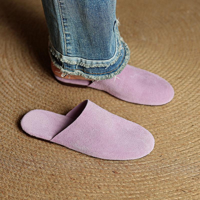 

Fashion 2025 Summer Soft Women Slippers Genuine Leather Women Shoes Round Toe Flat with Cover Toe Slingback Women Mules 34 фіолетовий