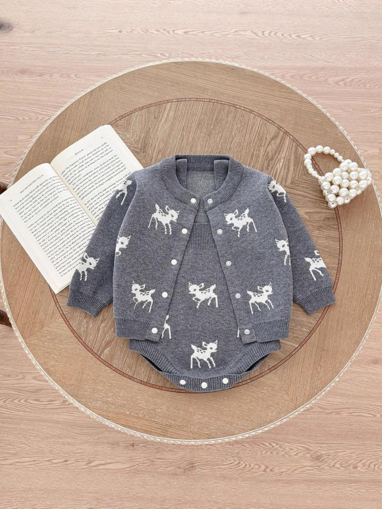 Baby Hirsch Jacquard Strick Strampler & Strickjacke Set für Jungen und Mädchen - Herbst/Winter