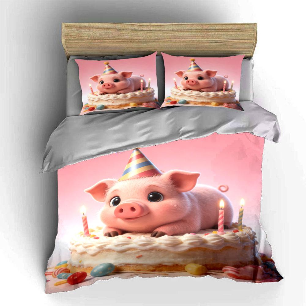 Cute Birthday Pig Decoration Set Soft Comfortable Duvet Cover Bedding Set Included 1*Duvet Cover & 2*Pillowcases, Gift