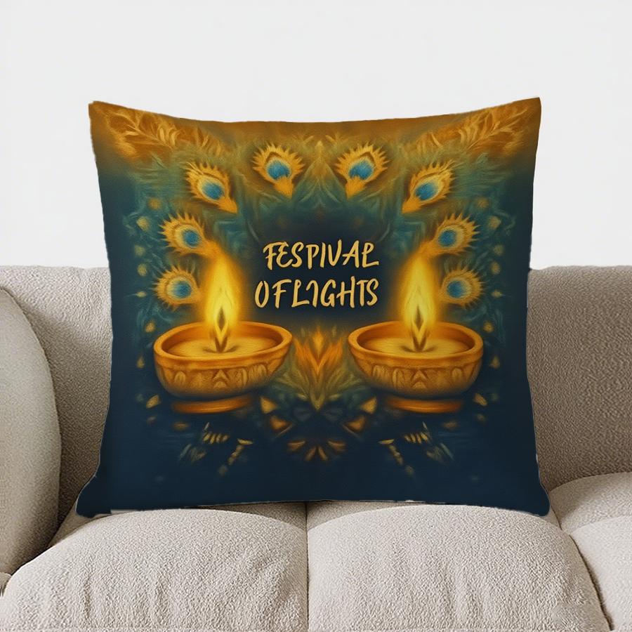 Home Decor Diwali Blessings: Elephants And Lanterns Pillow Pattern Cushion Cover Suitable For Sofa Bedroom Car Pillow Cover