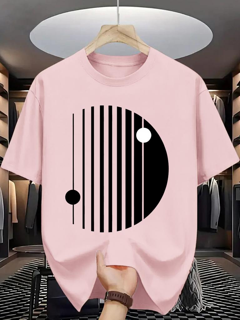 Unisex Crew Neck Tee Minimal Geometric Circle Stripe Art Print Soft Cotton Loose Short Sleeve Summer Casual Male Streetwear Tops