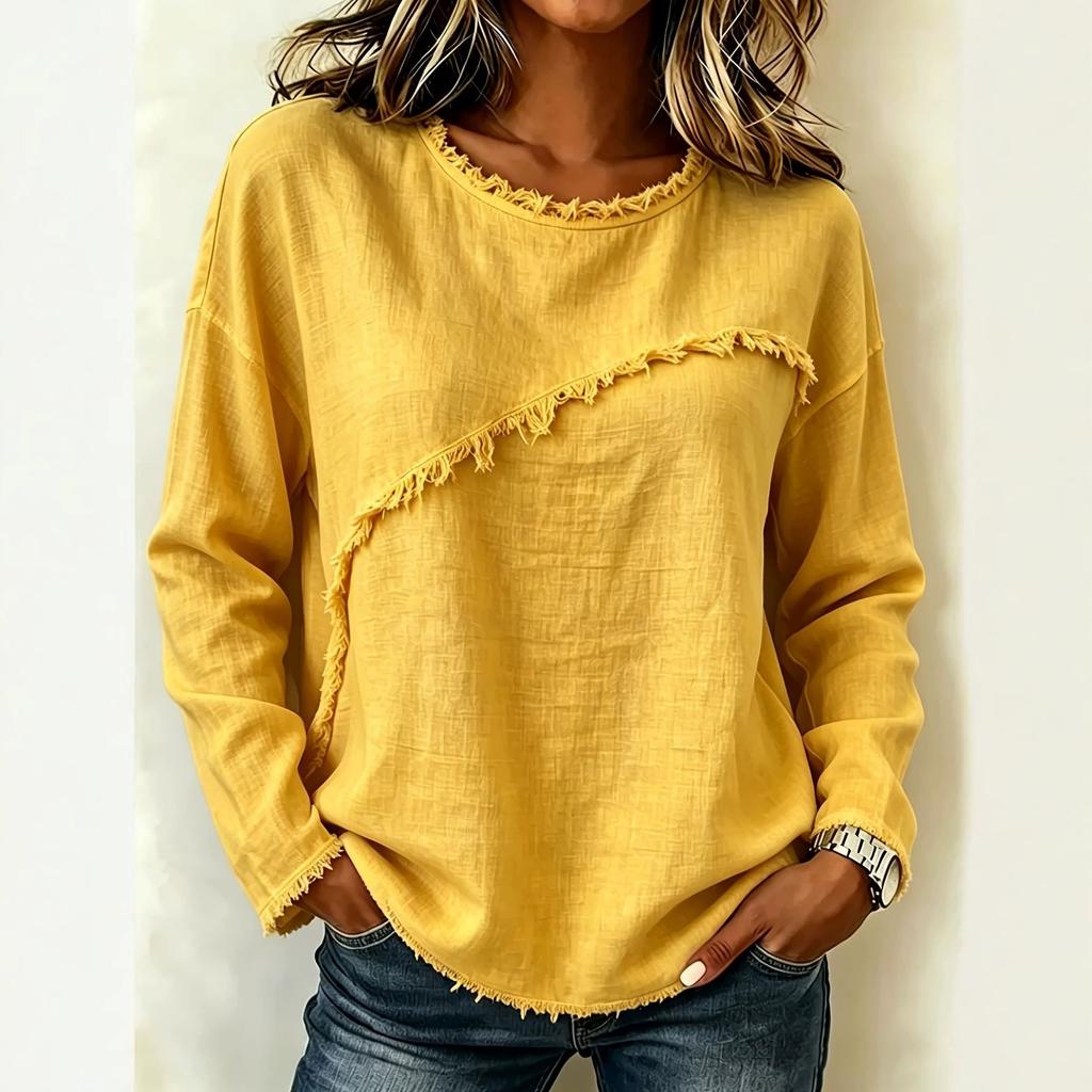 Women Solid Color Raw Edge Long Sleeve Top Casual Loose Fit Pullover Sweatshirt