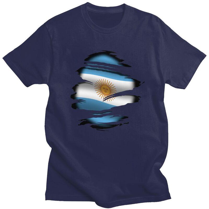 Individuelles Argentinien Zerrissene Flagge Tattoo T-Shirts für Herren Kurzarm T-Shirt Argentinisch Stolz T-Shirt Lockere Passform 100% Baumwolle T-Shirt Geschenk