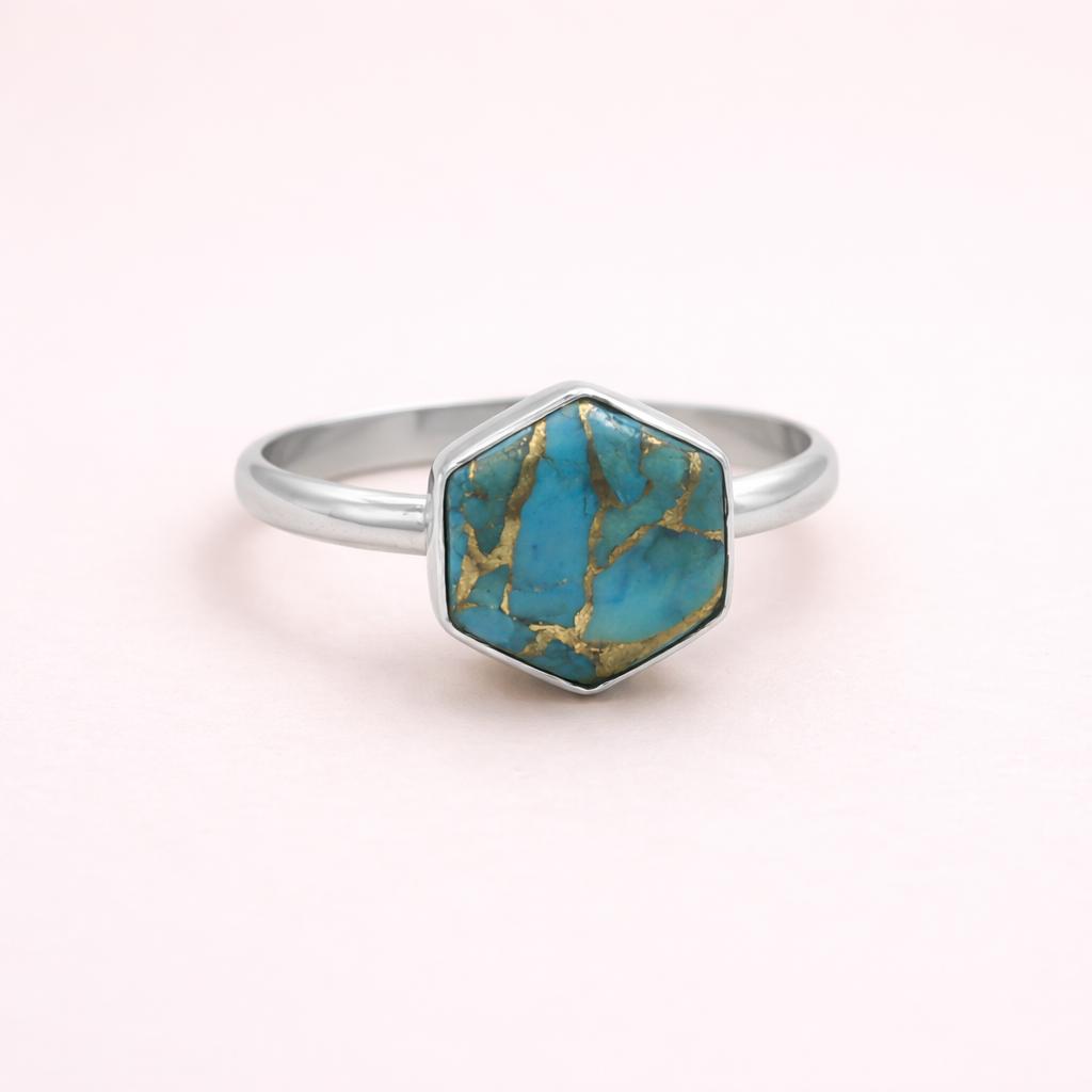 

Blue Copper Turquoise Hexagon Ring in 925 Sterling Silver, Boho Statement Gemstone Ring, Handmade Artisan Jewelry 4 серебряный
