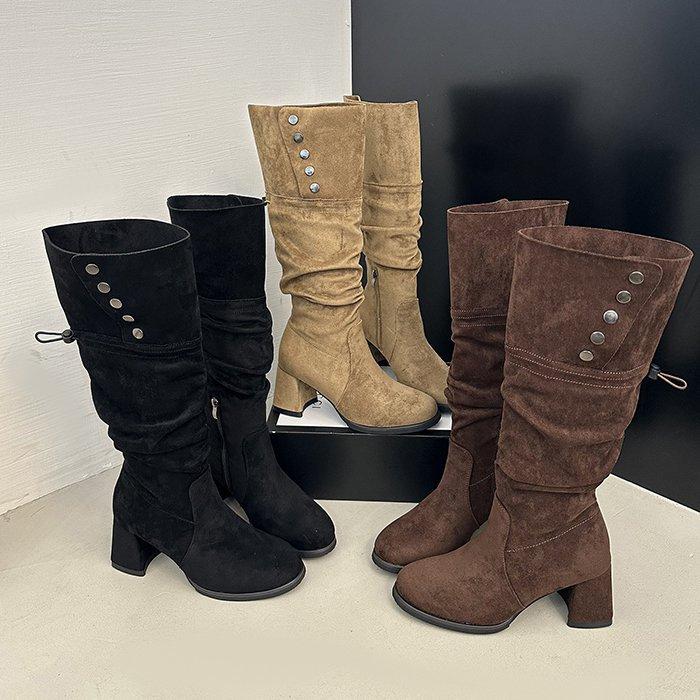 Suede Vintage Two Wear Fold High Heel Pile Boots Long Boots Thick Heel Brown Maillard Western Knight Boots