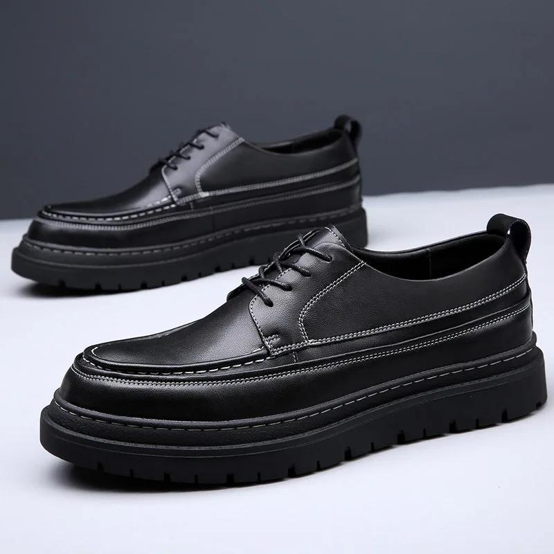 2025 Fashion Brand Male Brogues Footwear Genuine Leather Mens Casual Shoes Thick Sole Height Increasing Shoes Pure Black