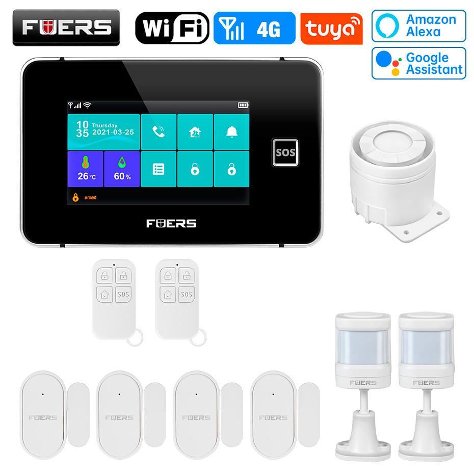 FUERS G64B 4G WiFi Home Security Alarm System Temperature Humidity Display PIR Motion Work with Tuya Smart App 4.3 Inch Screen