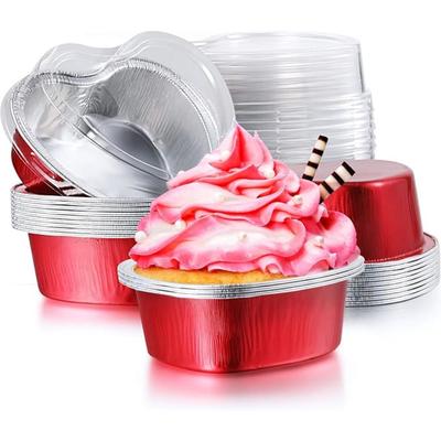 50 Sets Aluminum Foil Cake Pan 100ml Disposable Mini Cupcake Heart Shaped Cupcake Cup with Lids Cup Baking Cup Valentine Mother's Day Wedding Birthday