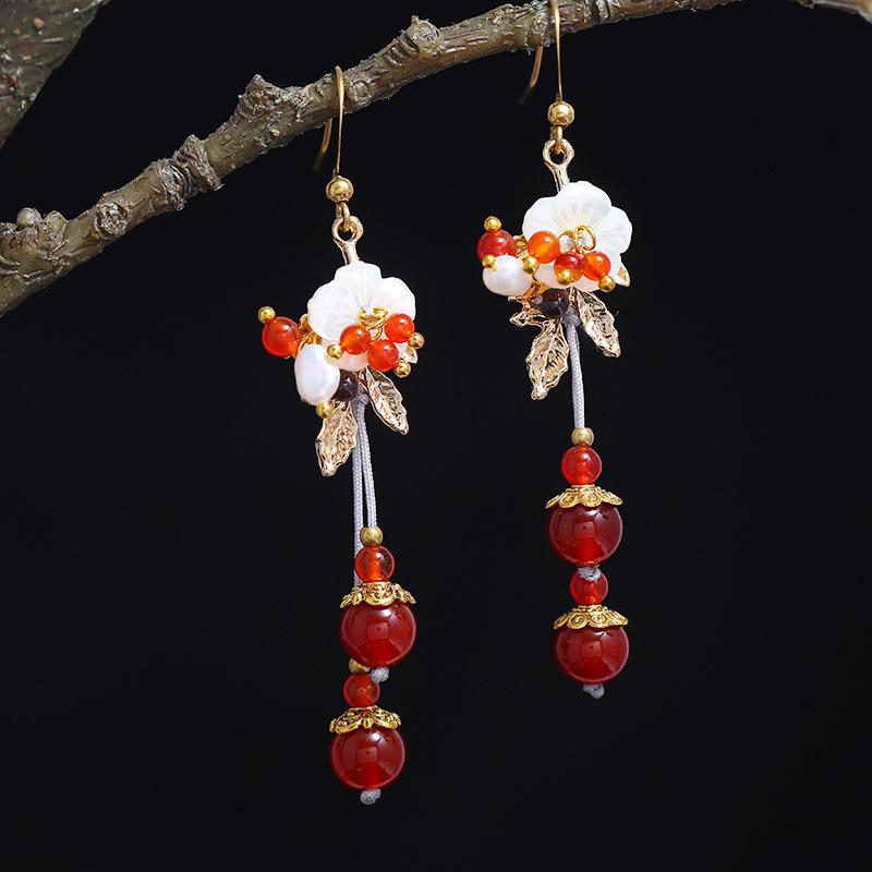 Original Retro Agate Shell Earrings Handmade Fringed Long Femininity Court Earrings Antique Earrings