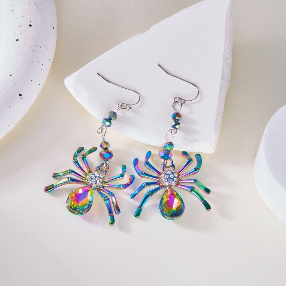 Halloween Colorful Rhinestone Spider Design Dangle Earrings Cute Vacation Style Zinc Alloy Zircon Female Gift