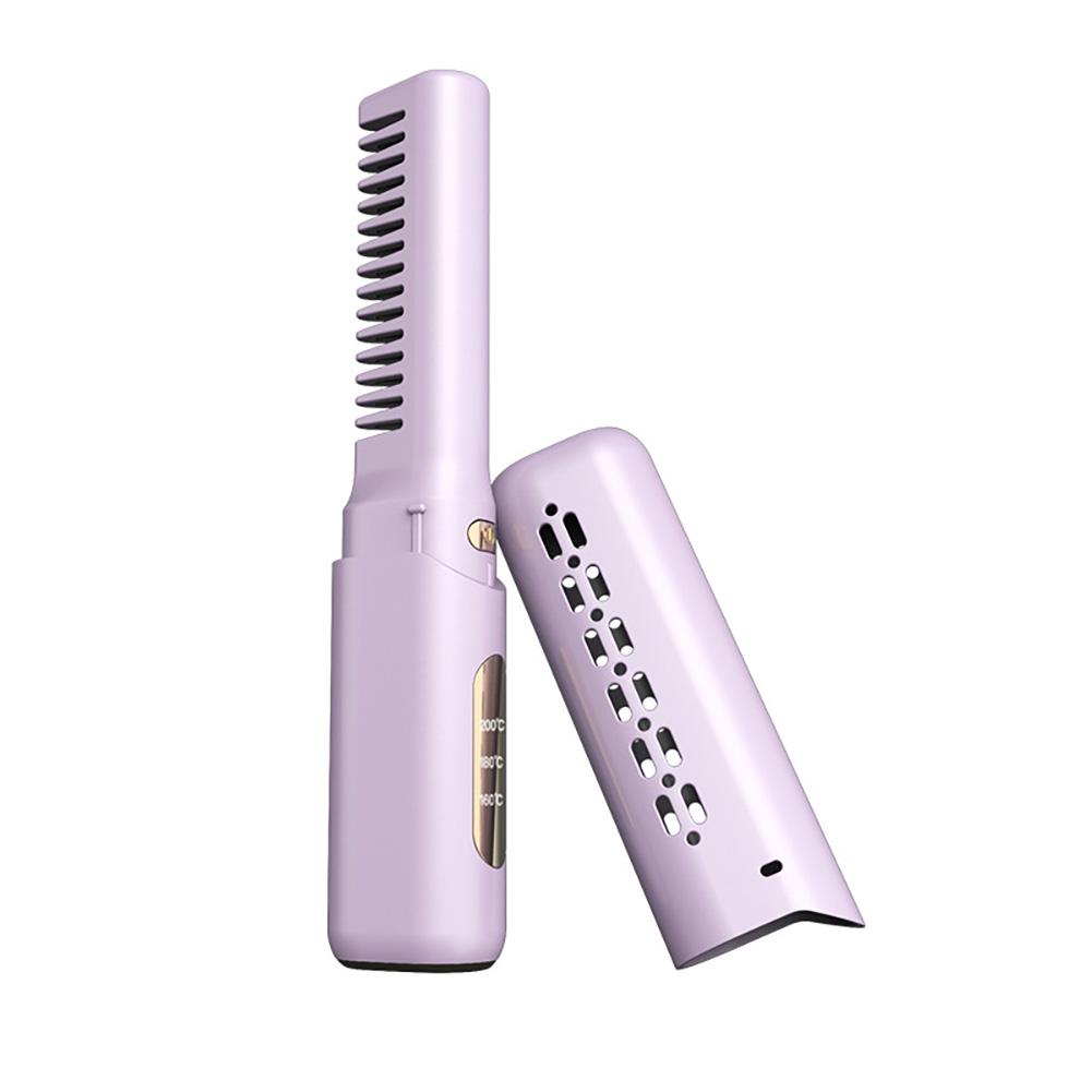 2-in-1 Mini Travel Hair Styler Wireless USB-C Rechargeable Curling & Straightening LCD Comb Auto Shutoff for Travel Beauty Hair Tool