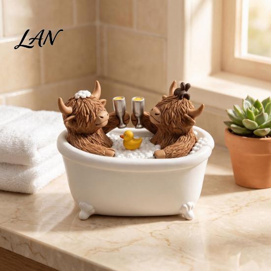 Rustic Bathroom Countertop Accessory Highland Cow Figurine, Cows Toasting In Bathtub Resin Statue, Farmhouse Accessories Cute Farm Animal Tabletop