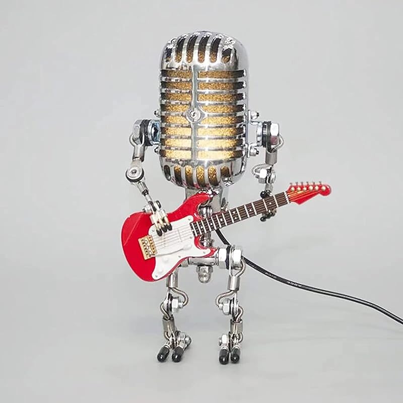 Microphone Robot Lamp Statue Industrial Table Lamp, Retro Steam Punk Robot Lamp Decor Night Light Creative Fun Desk Lamp for Home Office Desk