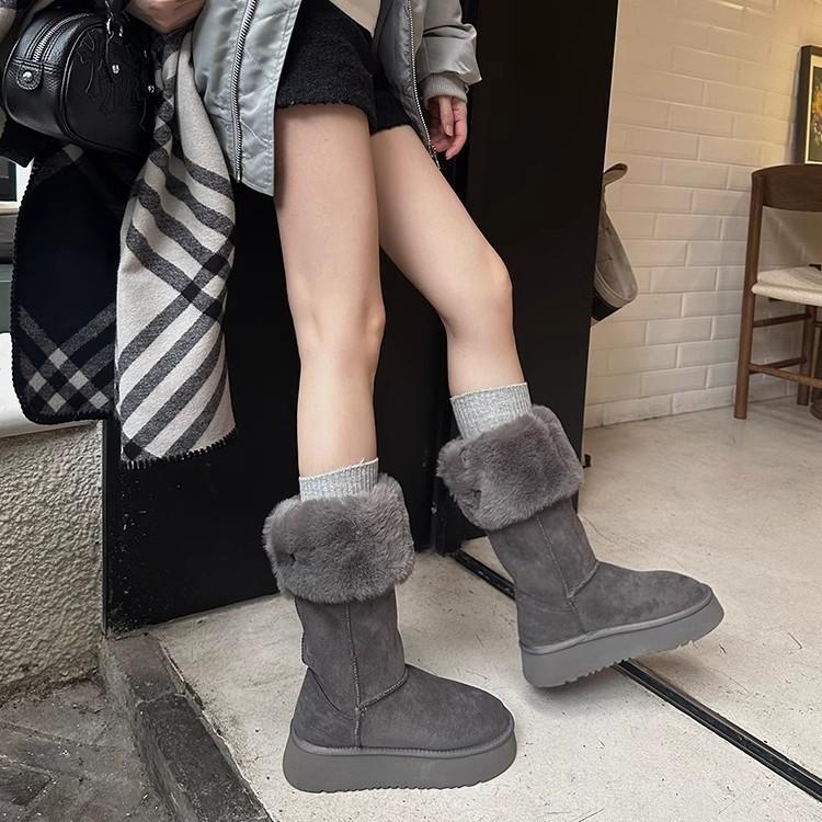 Wool Version~ Grey Tall Snow Boots Women's New Winter Thick-soled Boots with Fleece and Thicker Two Thermal Cotton Boots