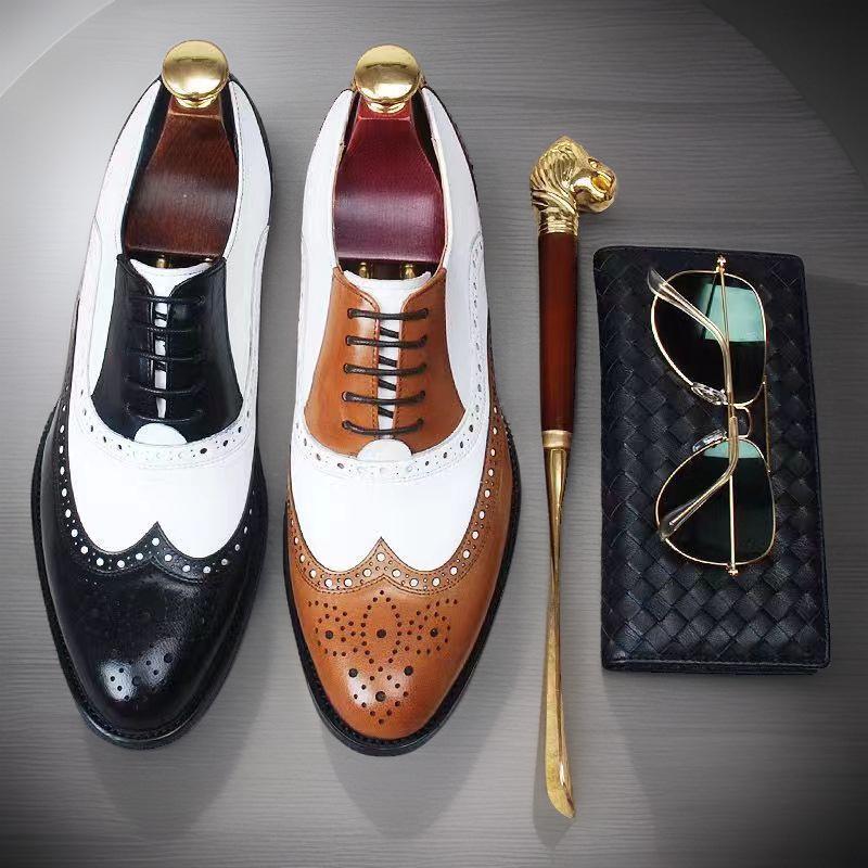 Men's Brogue Leather Shoes: Large Size, Color-Block, Trendy Formal Footwear
