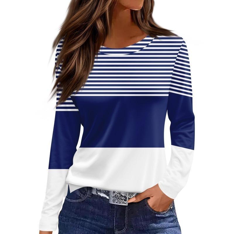 Spring And Autumn Long Sleeve Gradient Stripe Printed T-Shirts Women Basic Casual Tops Female Loose Round Neck Tees Harajuku Clothing