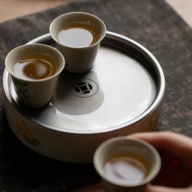 Round Ceramics Tea Tray Drainage Water Storage Tray Household Pot Bearing Teapot Teacup Mat Chinese Tea Set Decors Accessories