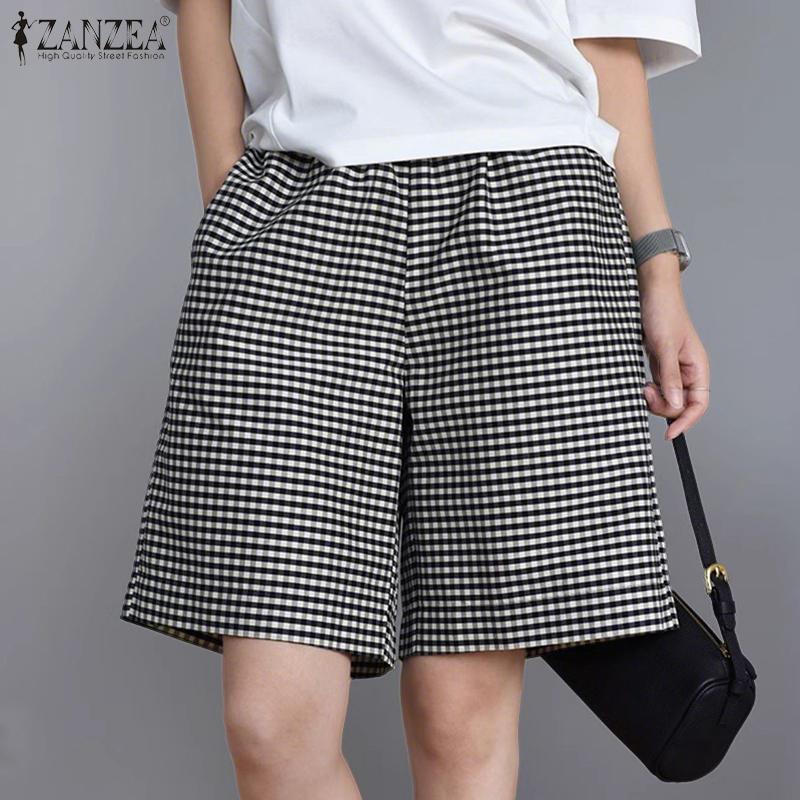 ZANZEA Women Casual Elastic Waist Loose Summer Grid Print Shorts