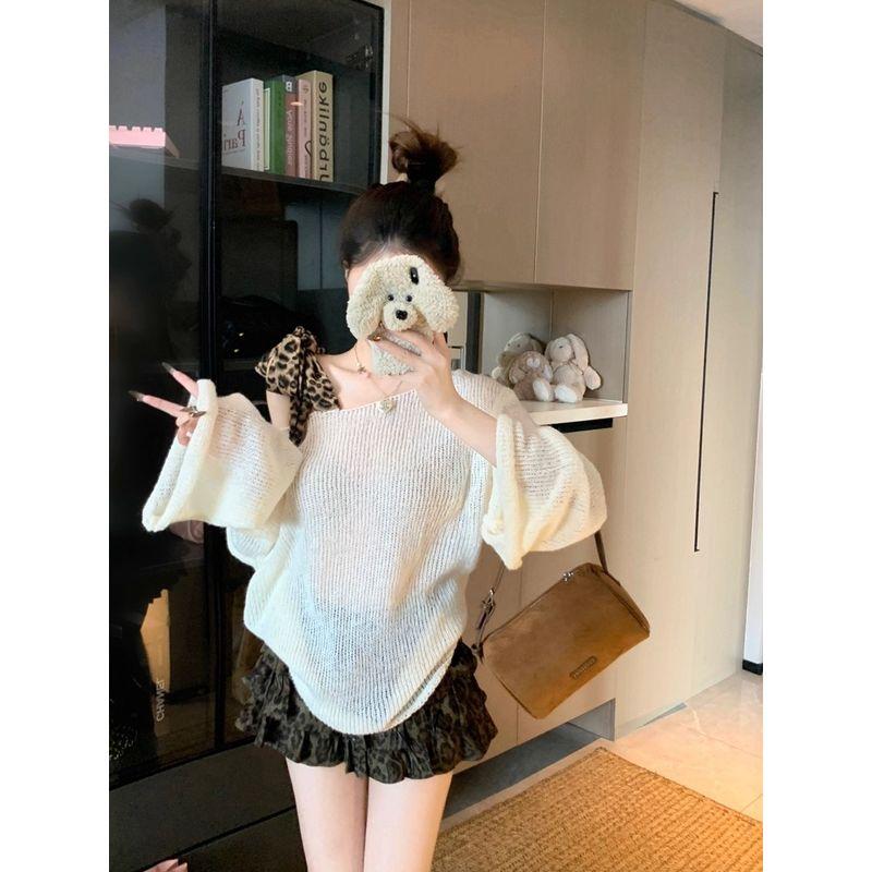 Kumikumi Stylish Leopard Print Lace-up off-Shoulder Long Sleeves Pullover Sweater Female Autumn New Arrival Chic Anti-Aging Top
