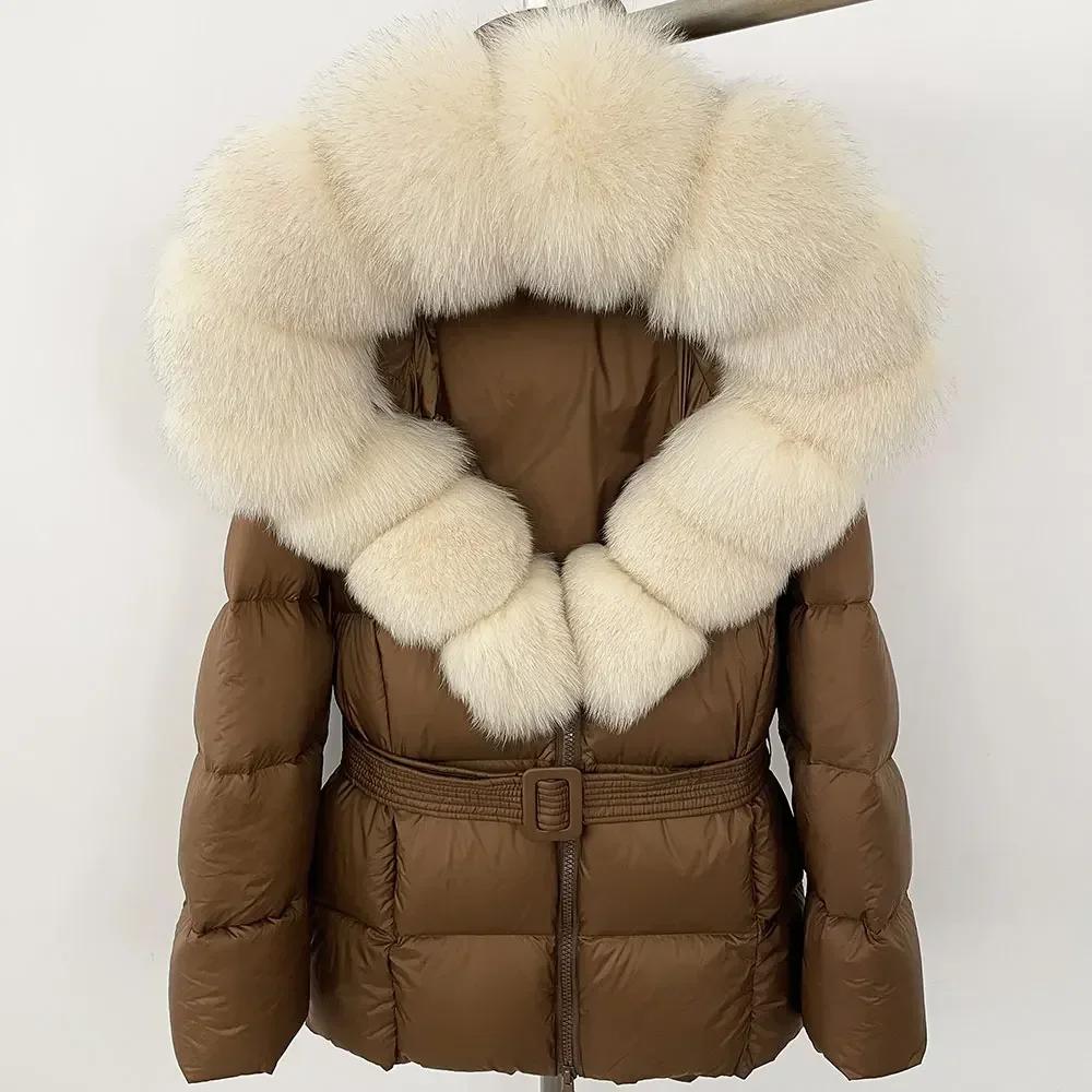 OFTBUY 2024 Jachetă albă din puf de rață, groasă, caldă, 90%, jachetă de iarnă pentru femei, cu guler de blană de raton naturală, cu glugă, casual