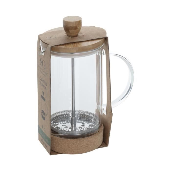 Cafetière À Piston - Secret De Gourmet - 60 Cl - Verre Et Bambou - Couvercle En Bambou - Base En Liège