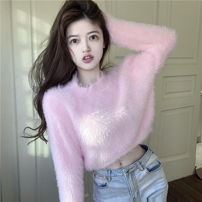

2805 #Niche imitation mink velvet soft glutinous sweater women s autumn and winter gentle wind short long-sleeved knitted sweater tide one size fits all