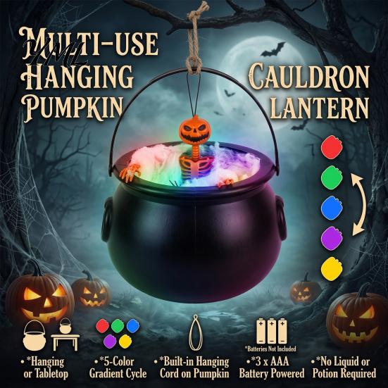 Five Color Gradient Lights Halloween Cauldron Light, Changing Glowing Pumpkin Skull Hanging Tabletop Decorations Decor, Spooky Yard Prop for