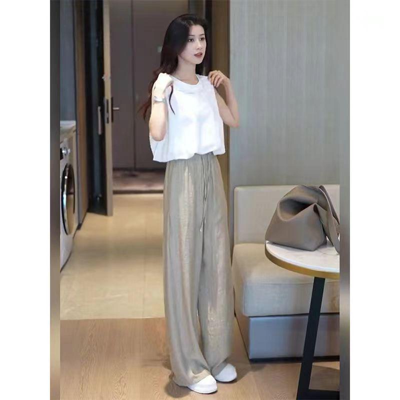 

Женский комплект безрукавного топа и брюк с широкими штанинами из ледяного шелка в корейском стиле 2025 L (100-110 jin)