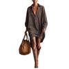 Dames Casual Retro Losse V-hals Jurk met Lange Mouwen en Suede-achtige Stof