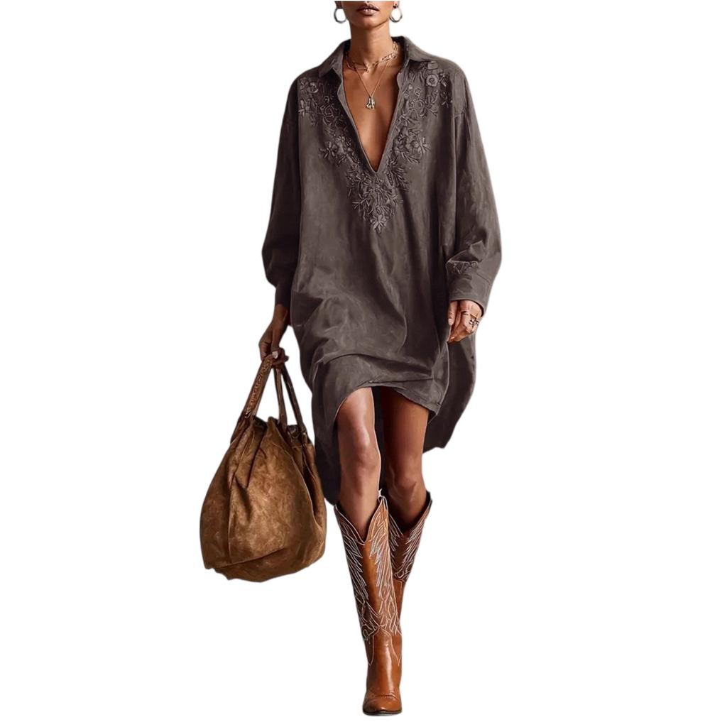 Dames Casual Retro Losse V-hals Jurk met Lange Mouwen en Suede-achtige Stof