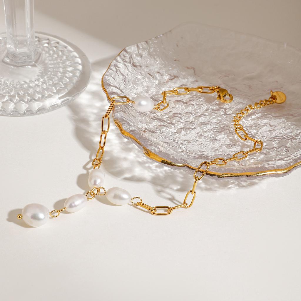 BASQUESUN 18K PVD Gold Plated Shiny Paper Pin Chain Pearl Tassel Stainless Steel Freshwater Pearl Anklet Bracelet