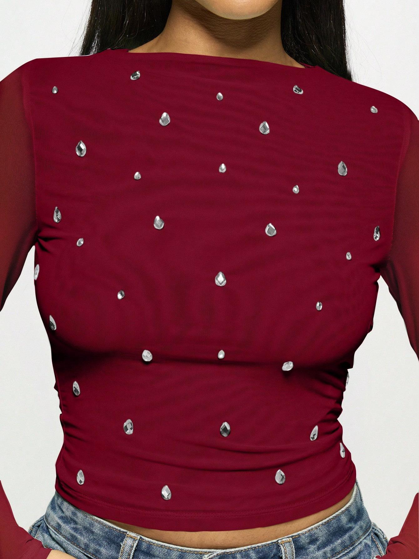 

Spring Autumn Long Sleeve Double Layer Mesh Rhinestone Ladies Chic Base Layer Fashion Daily Basic Office Lady Casual Slim Fit Ladies Elegant Top S бордовый
