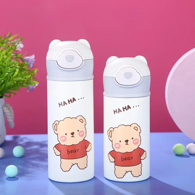 320/420ml Edelstahl Isolierflasche mit Schnappverschluss Outdoor-Komfort Studenten Strohhalm Wasserbecher Niedlicher Teddybär Kindergeschenk