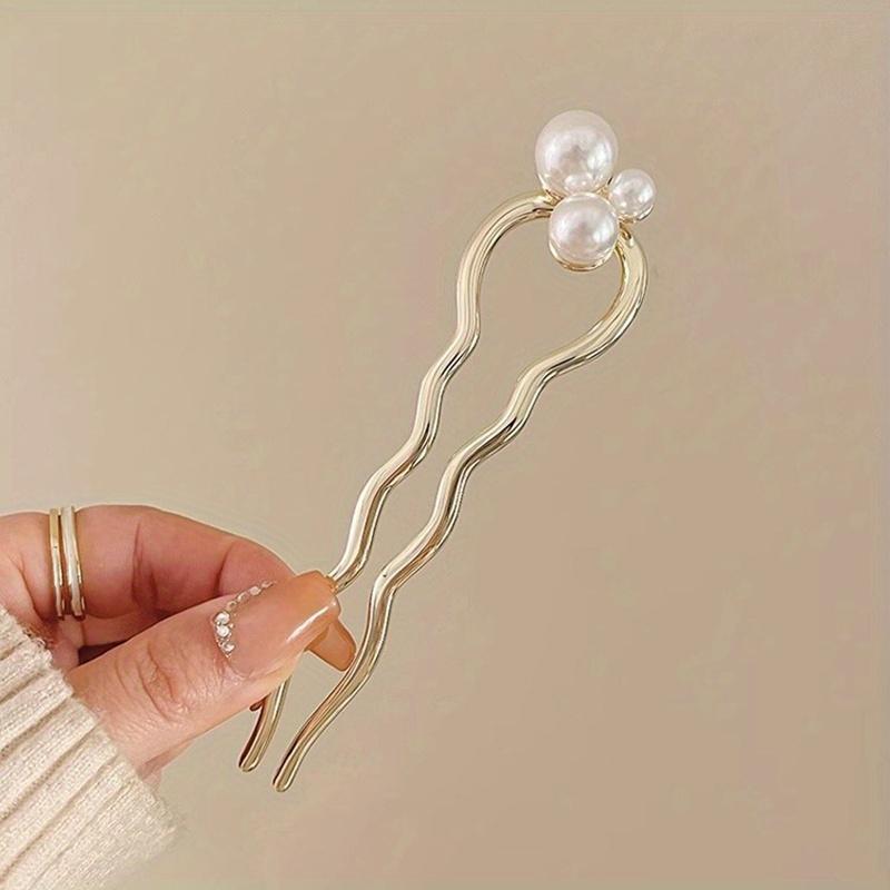 

Chinese Style Faux Pearl Wave U-shaped Hairpin, Metal Golden Hair Stick, Bun Headwear золотистий