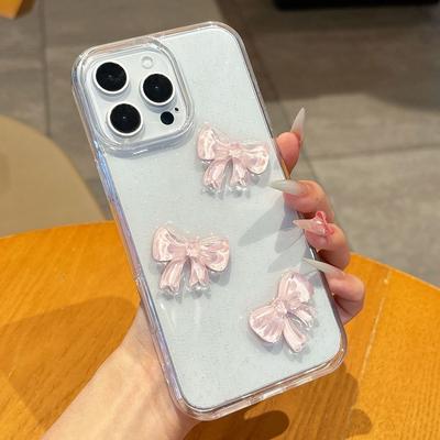 Cute 3D Pink Bowknot Bling Glitter Phone Case For iPhone 17 16 15 14 13 12 11 Pro Max Plus Luxury Clear Shockproof Bumper Cover