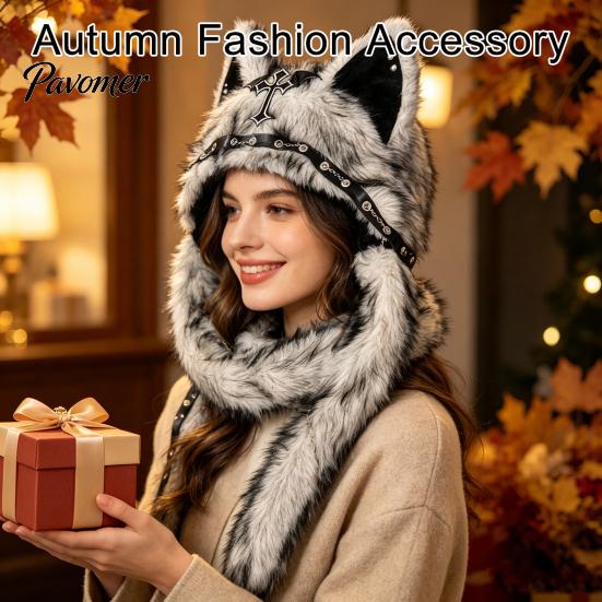 Unique Cosplay Accessories Cute Plush Animal Hat, Furry Cat Ear Headwear, Winter Halloween Party Costume Hat Soft Warm Cap for Costume, Funny