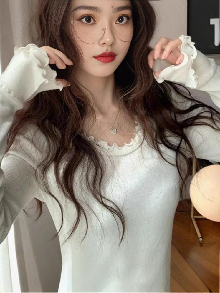 Thermolite Women's Korean Ruffled Long Sleeve Round Neck Slim Fit Base Layer Top (Autumn Trendy)