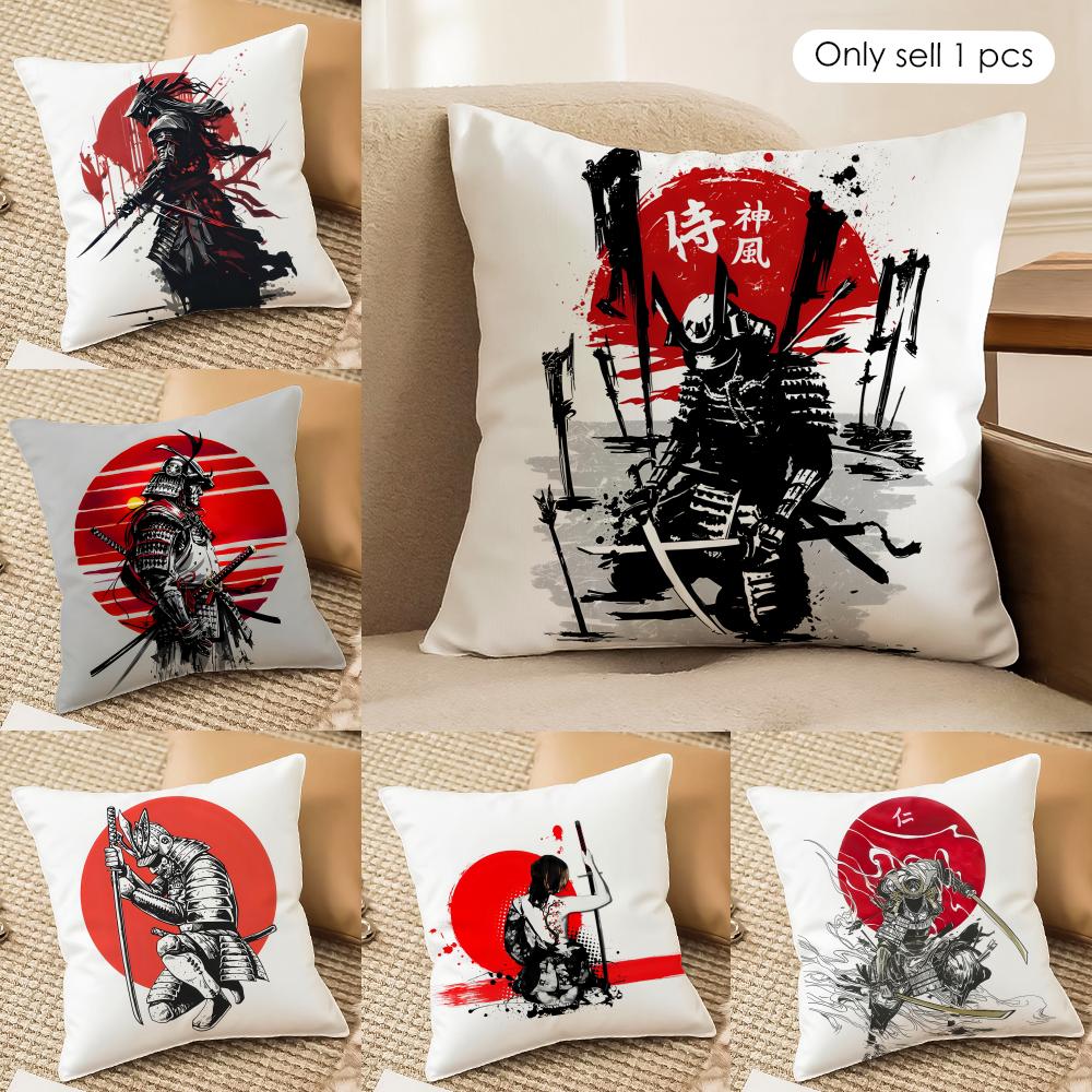 Japanese Style Ink Samurai Cushion Cover Silky Short Plush Invisible Zipper Dustproof Sofa Pillow Case for Home Decor