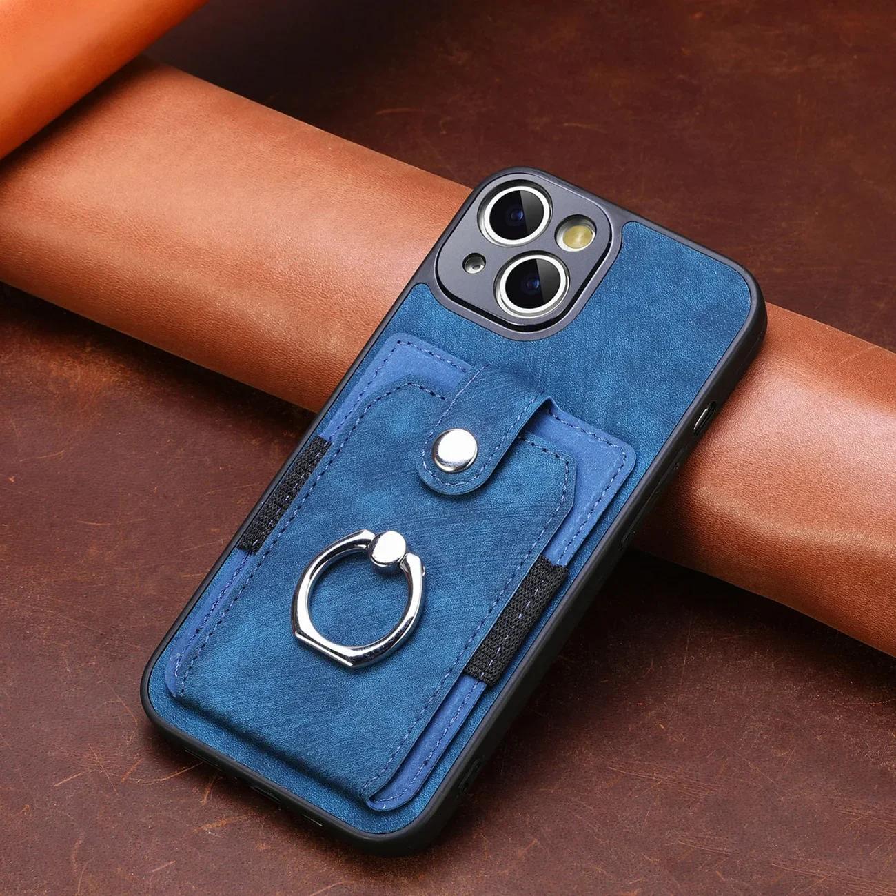 

Шкіряний чохол для телефону з гніздом для картки гаманця для iPhone 15 14 13 12 11 Pro XR X XS Max 8 7 Plus з магнітним тримачем для кільця на пальці iPhone X(XS) синій