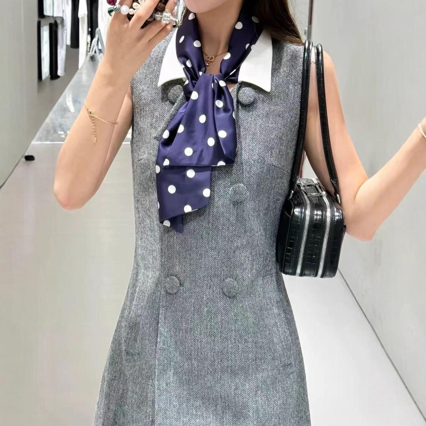 

2025 Autumn/Winter Elegant Wool Blend Vest Dress with Detachable Polka Dot Silk Scarf for Women 34 (Small) сірий колір