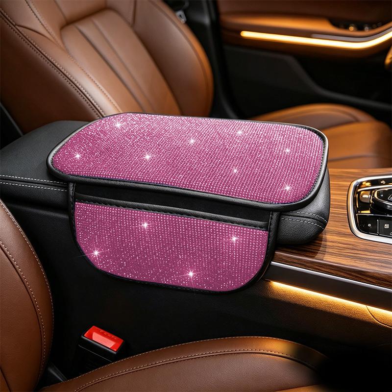Bling Car Armrest Box Cushion With Side Phone Pocket Rhinestones Auto Center Console Protector Pad For Women Interior Accessorie