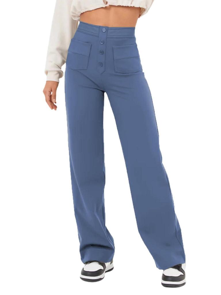 2024 Women's High-Waist Casual Straight Pants with Elastic Belt & Multiple Pockets