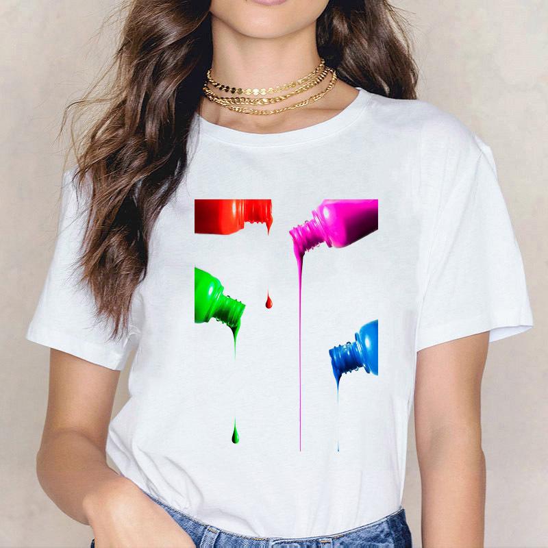 Kpop Fashion Cosmetics 3D Nail Polish Print Tees Women Y2K Tops Summer White Loose Short Sleeve O-Neck Female T-Shirts Blouses