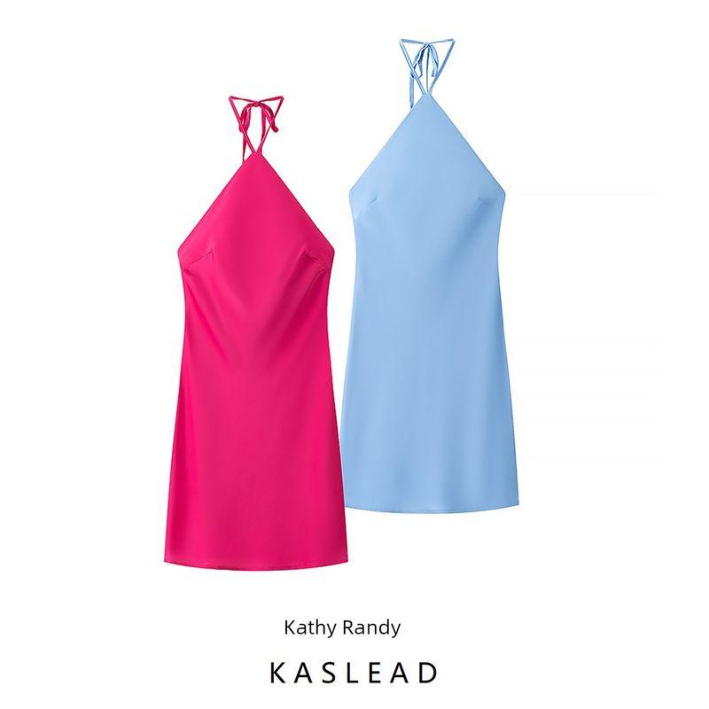 Kaslead New Arrival Women's Clothing Fashion Style Fashion Simple and Short Halterneck Satin Dress
