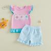 Citgeett Summer Kids Toddler Baby Girl Outfit Embroidered Ruffled Trim Crew Neck Flying Sleeve Tops Striped Shorts ClothesSet