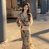 Floral Ruffled Dress for Women Autumn New Style French V-Neck Ink Wash Long Sleeve Slimming Dress