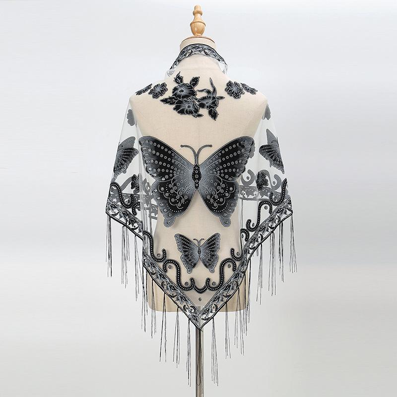Luxury Flower Lace Hollow Scarf Butterfly Print Tassel Triangle Shawl Wraps Polyester Mesh Scarves Bridal