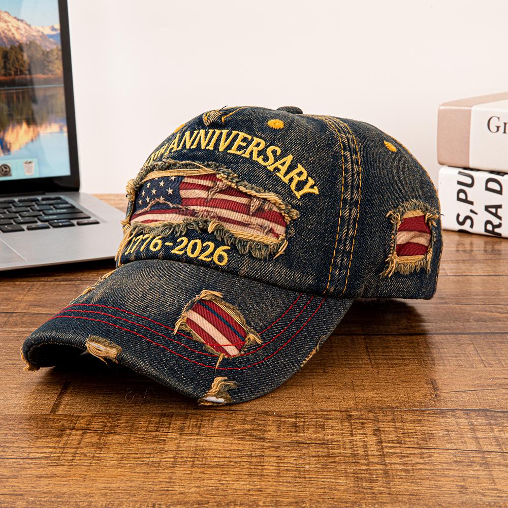 

Vintage USA Flag 250th Anniversary 1776-2026 Distressed Denim Baseball Cap Adjustable Patriotic Dad Hat for Men Women Adjustable синий